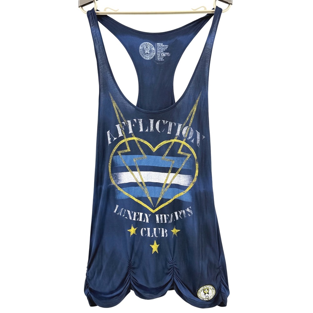 Affliction Tank Top Womens Medium Blue Excellent Lonely Hearts Club Ruched Y2K